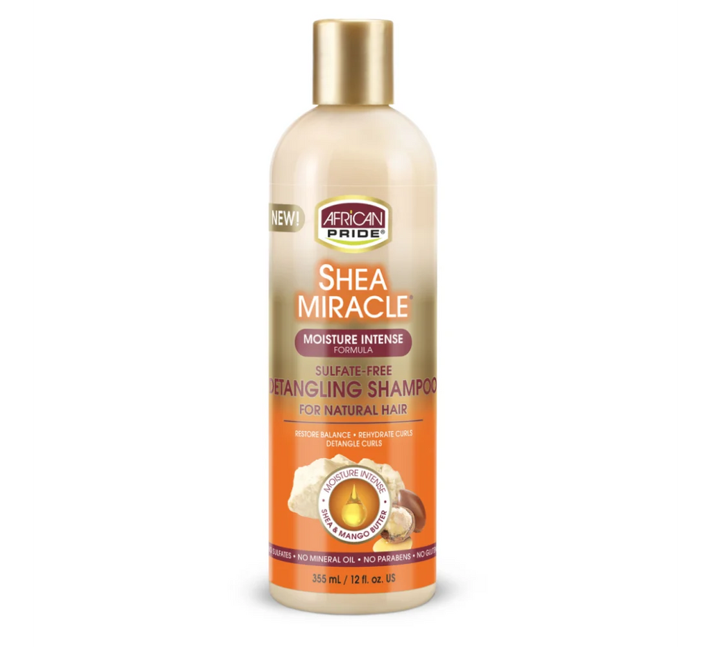 African Pride Shea Miracle shampoo bottle on a white background
