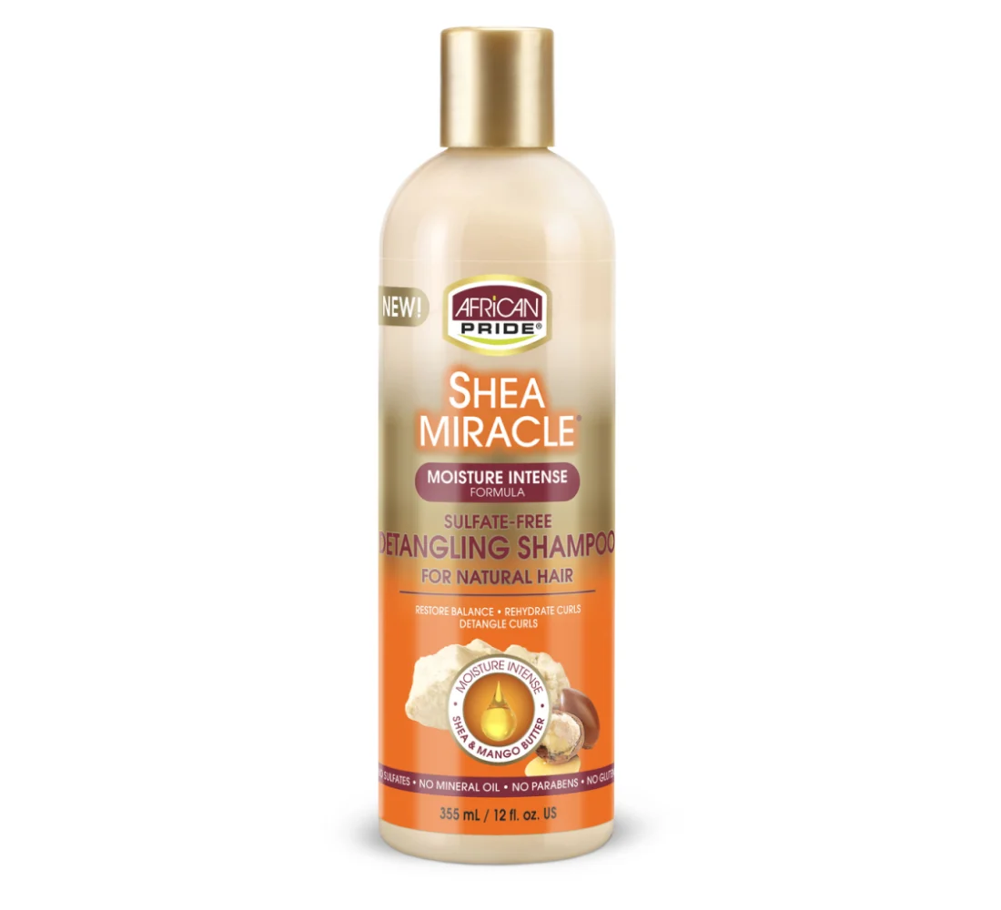 African Pride Shea Miracle shampoo bottle on a white background